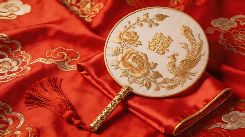 红绸金绣囍字团扇图片