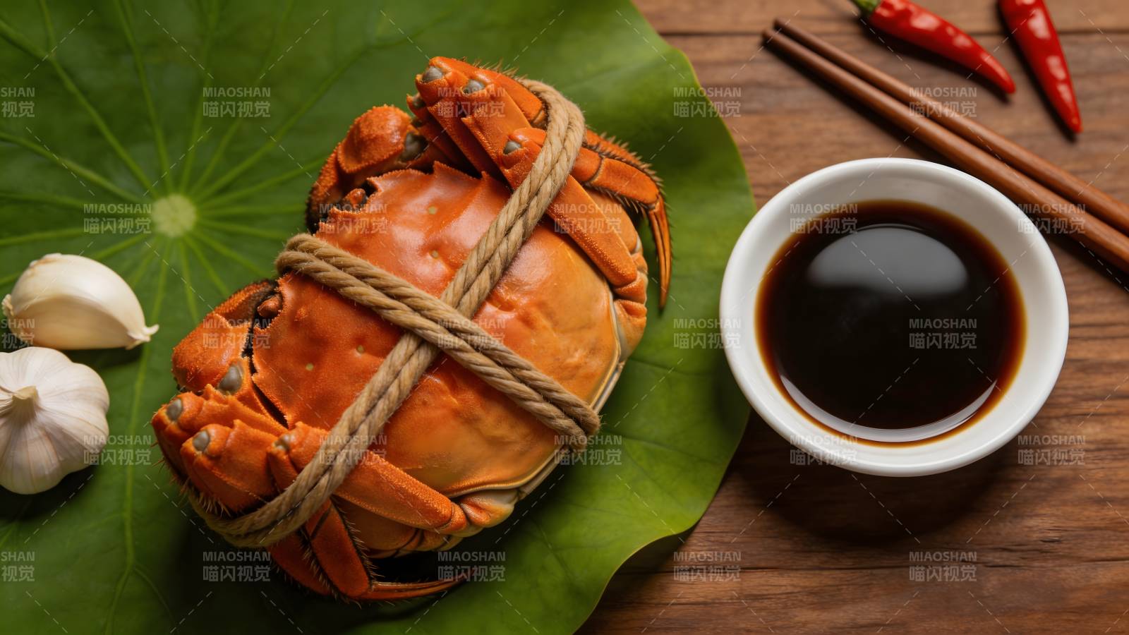 绑绳闸蟹配酱油蒜椒图片