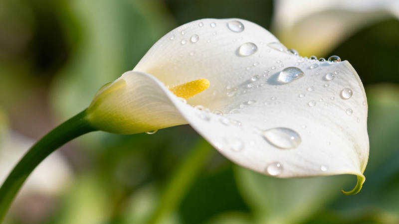 雨后白马蹄莲 晶莹水珠缀花瓣图片