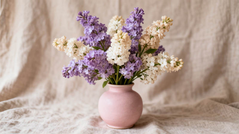 粉瓶紫白丁香花束静物图图片