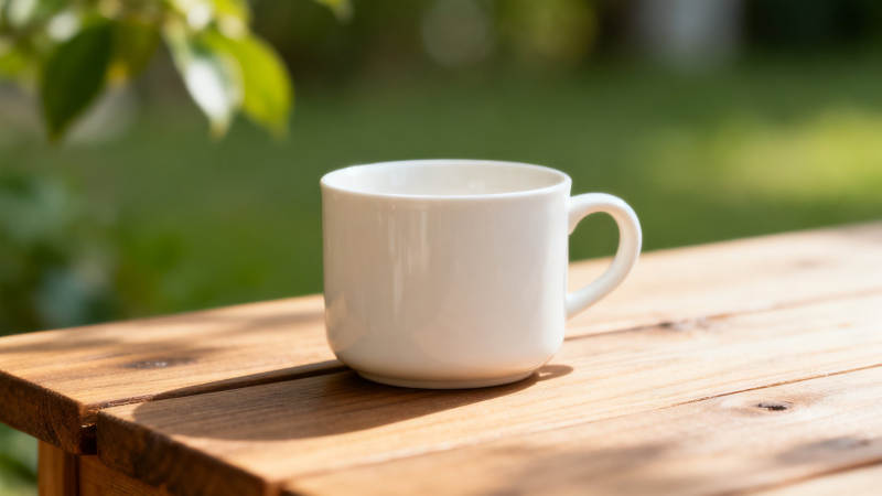 户外木桌上的白瓷杯图片