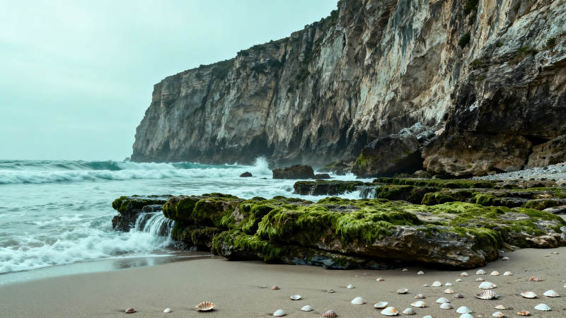 海崖苔石 浪涌沙贝静图片