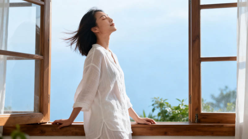 窗边迎风 白衣女子闭目享受宁静图片