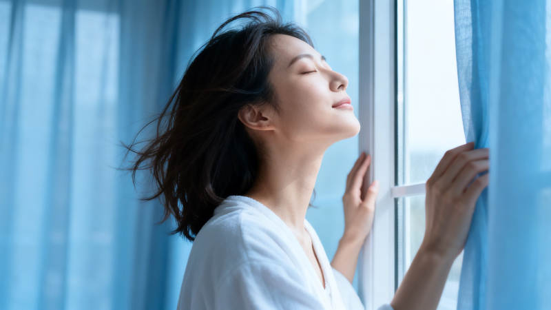 晨光中 她轻启窗帘迎清风图片