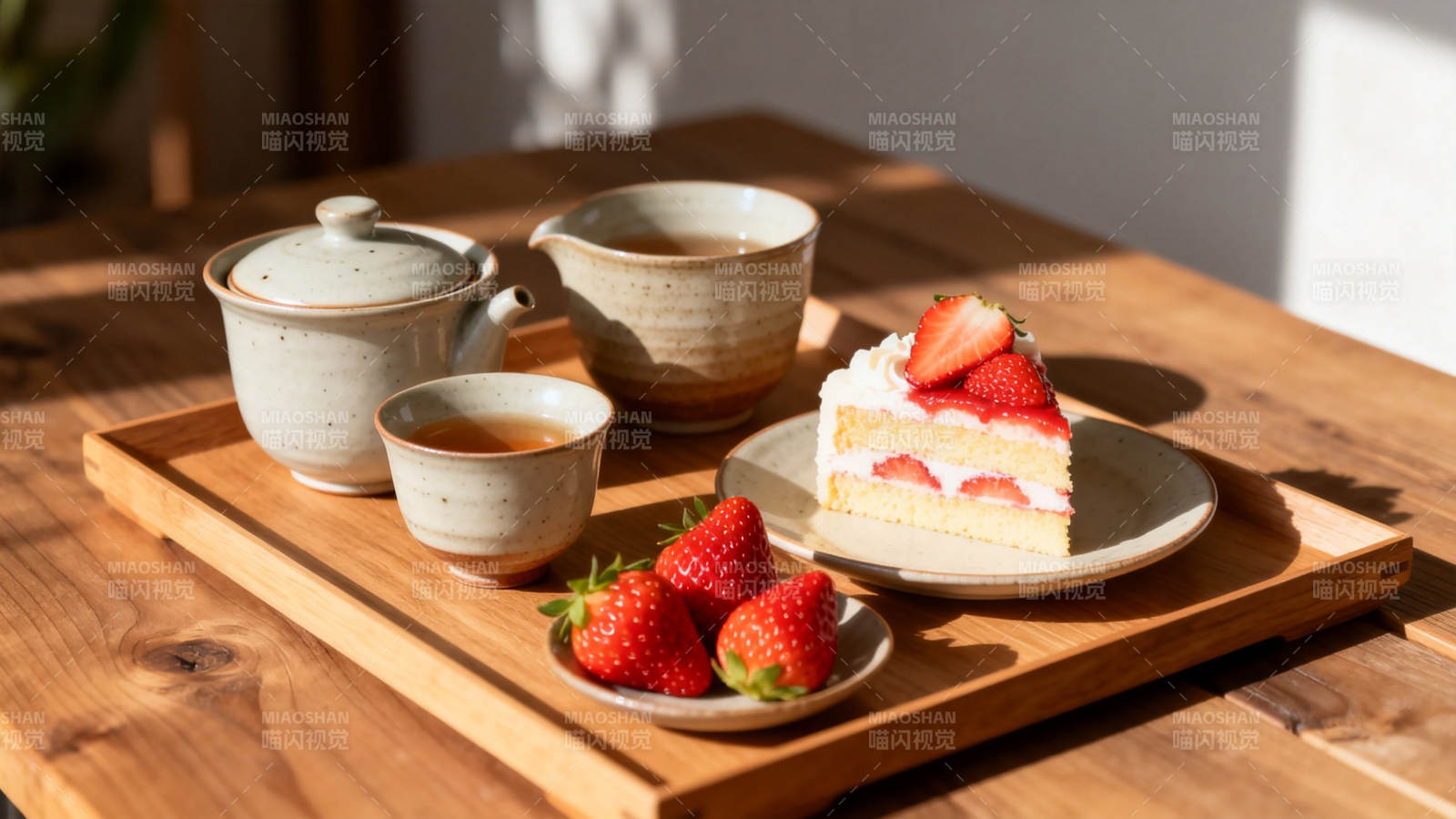 草莓蛋糕配茶 午后甜时光图片