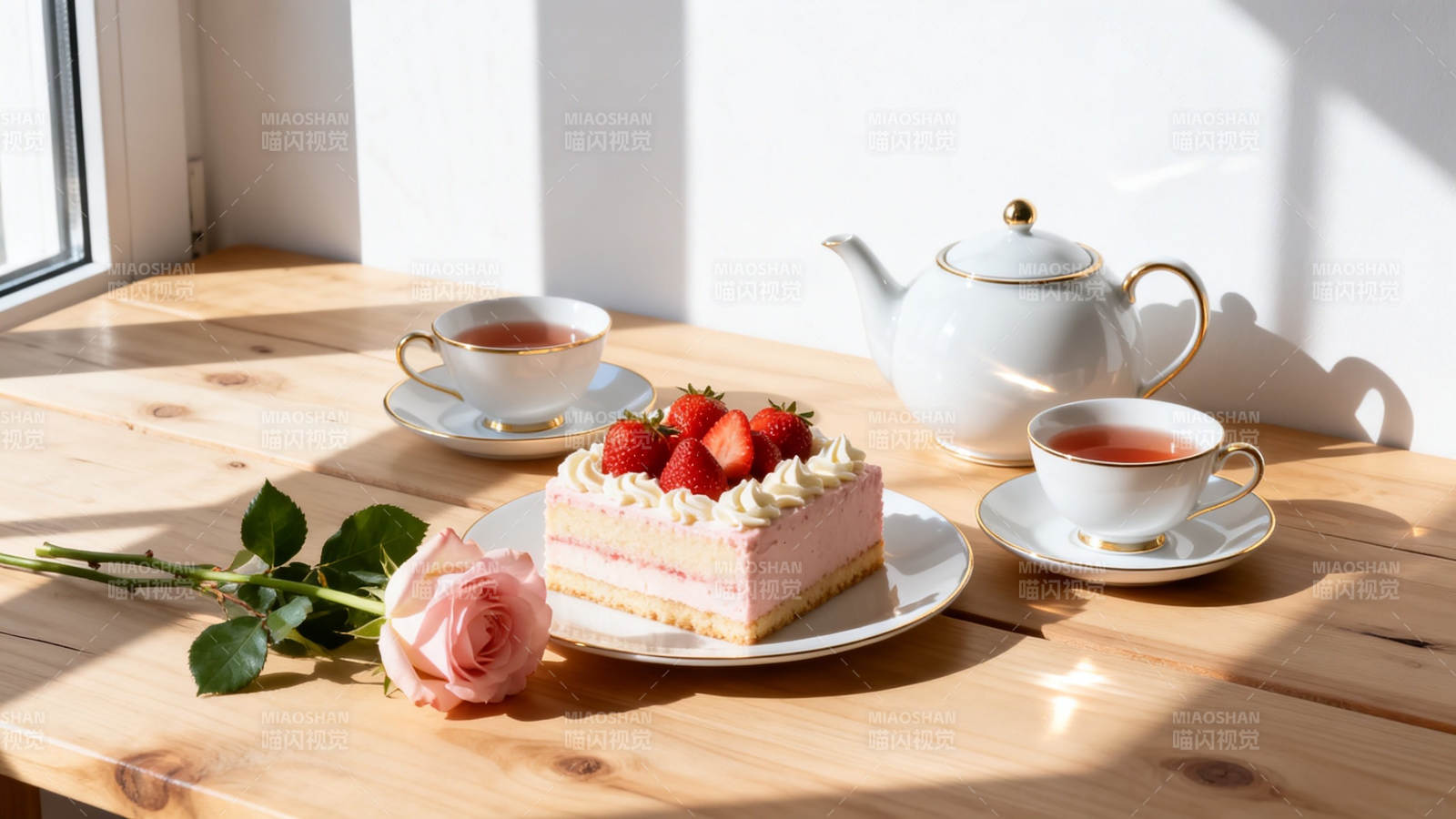 午后茶点 草莓蛋糕与玫瑰图片