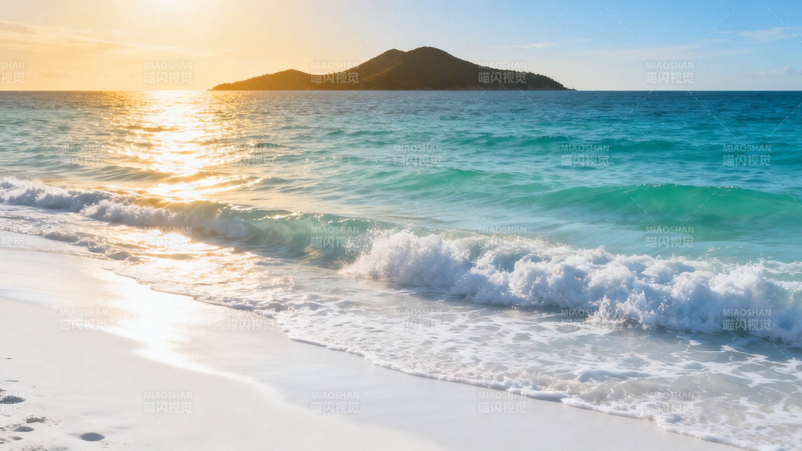 夕阳海岛 碧海白沙图片