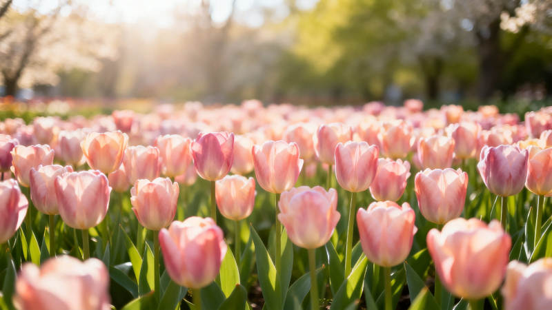 春日粉 tulip 花海暖阳下图片