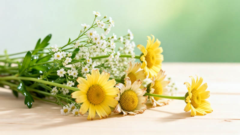 黄雏菊与小白花静卧木桌图片