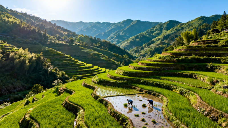 青山梯田 农人耕作忙图片
