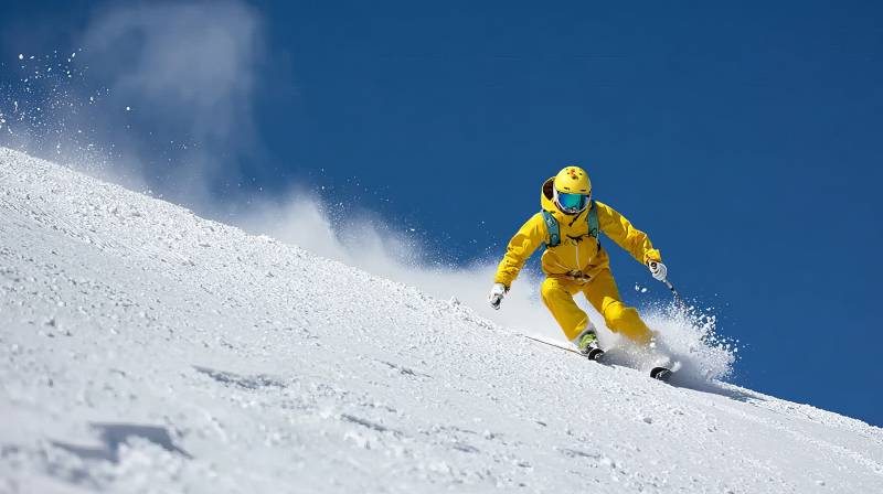 黄衣滑雪者疾驰雪坡图片