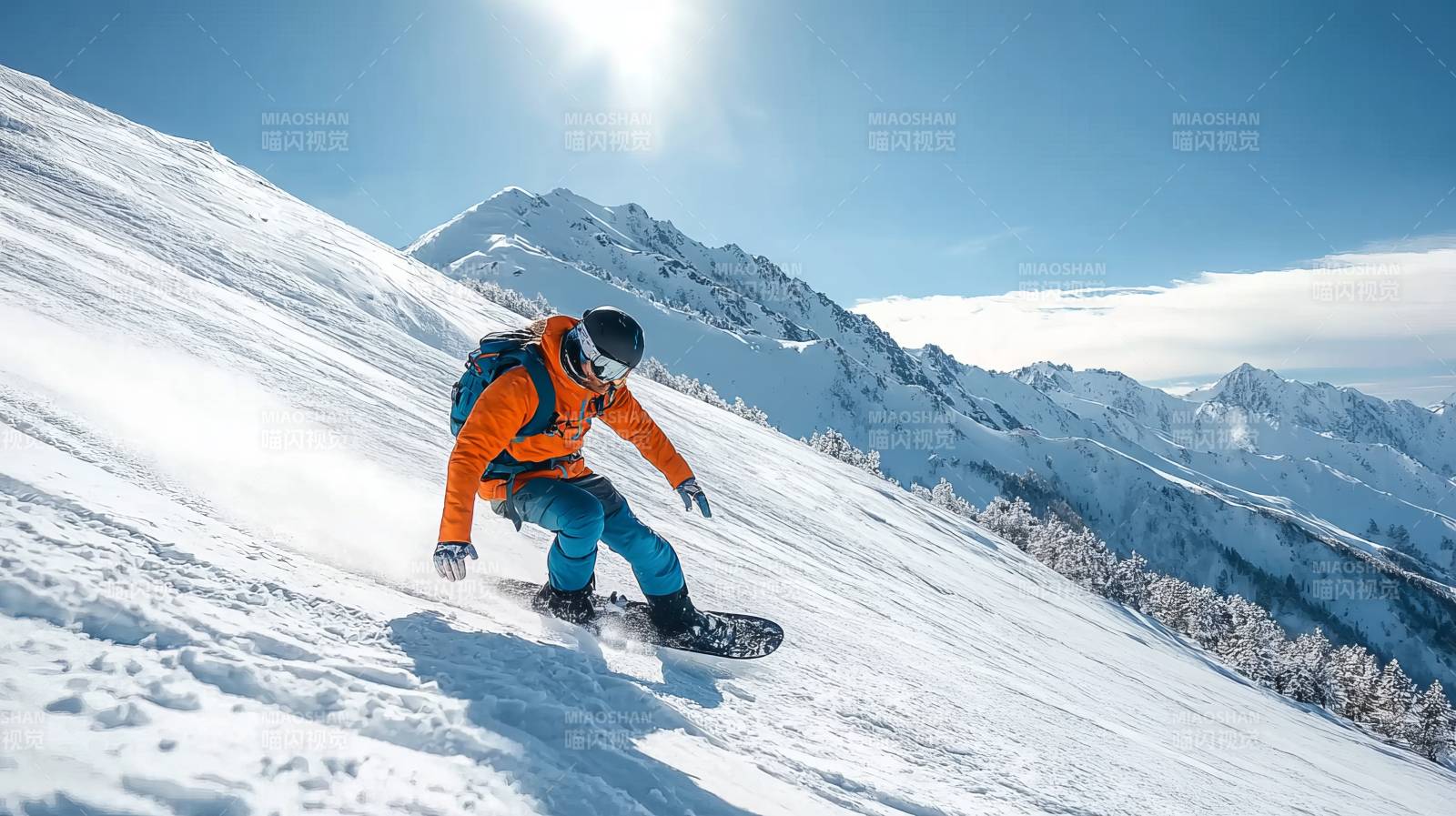 雪山单板疾驰而下图片