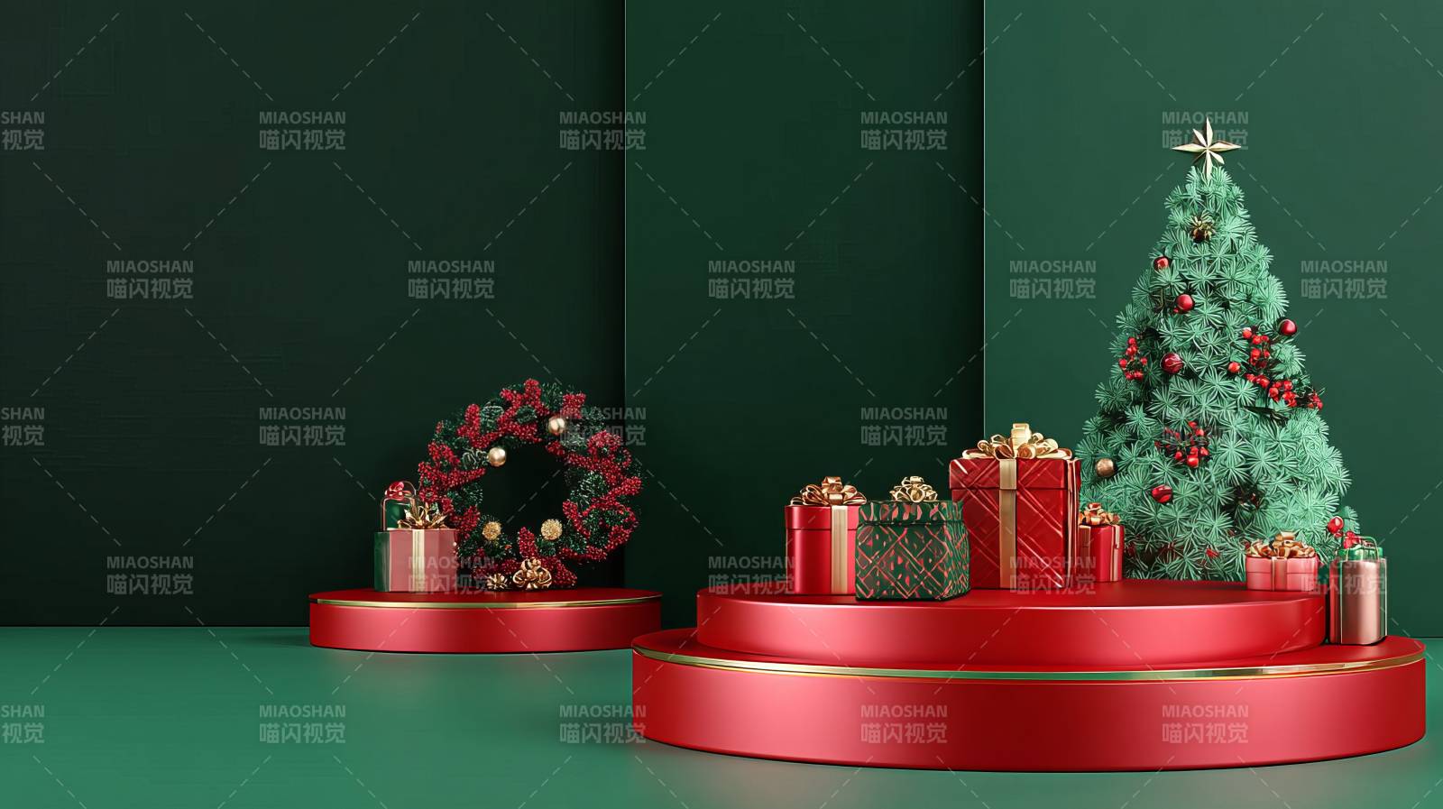 圣诞红绿礼台展陈图片