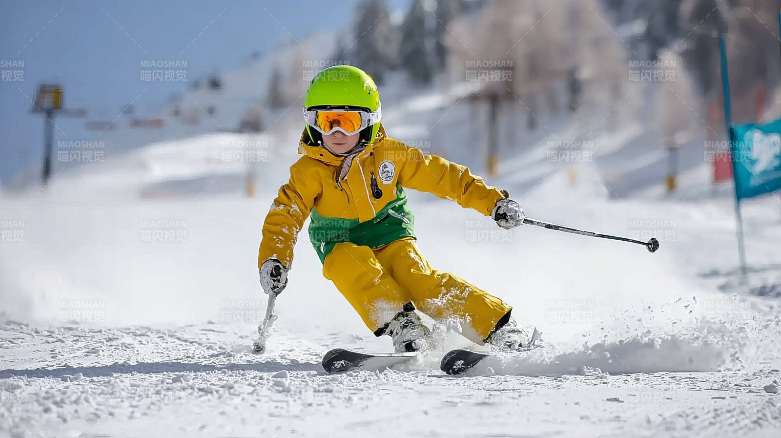 雪上飞童 黄衣绿盔炫技图片