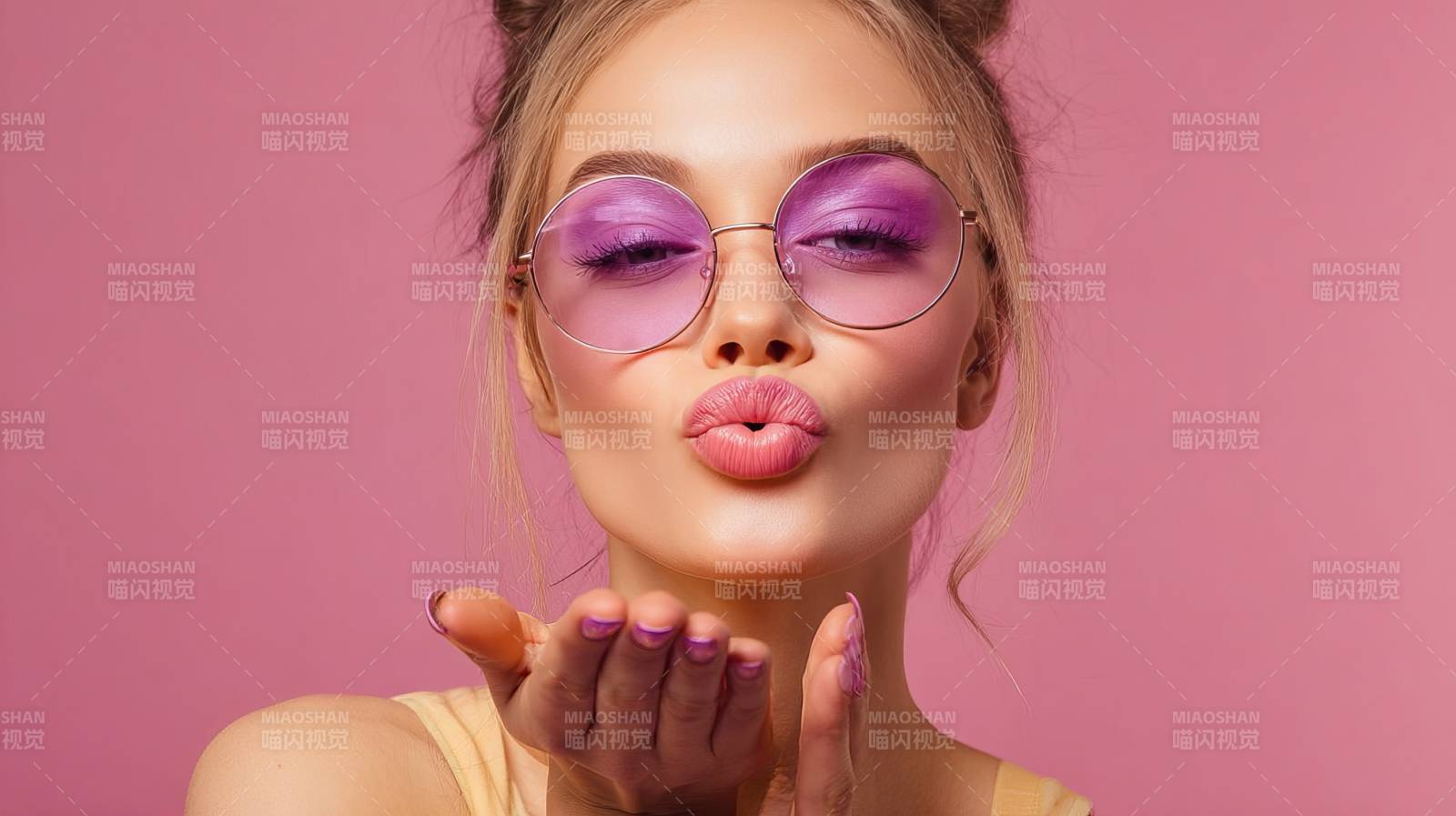 粉紫墨镜少女飞吻送爱图片