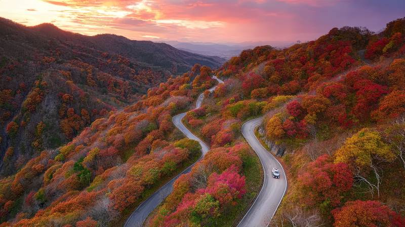 秋山彩林 蜿蜒公路穿霞光图片