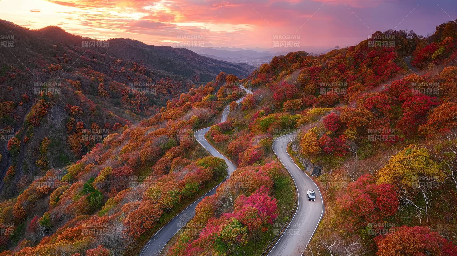 秋山彩林 蜿蜒公路穿霞光图片