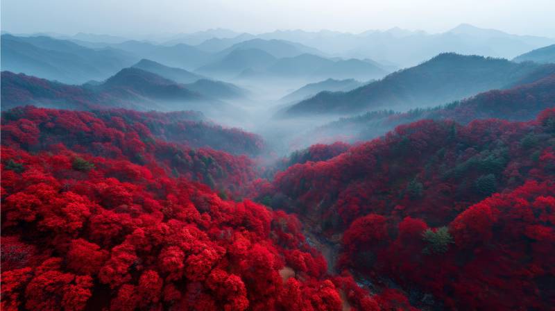 红枫漫山 雾锁千重岭图片