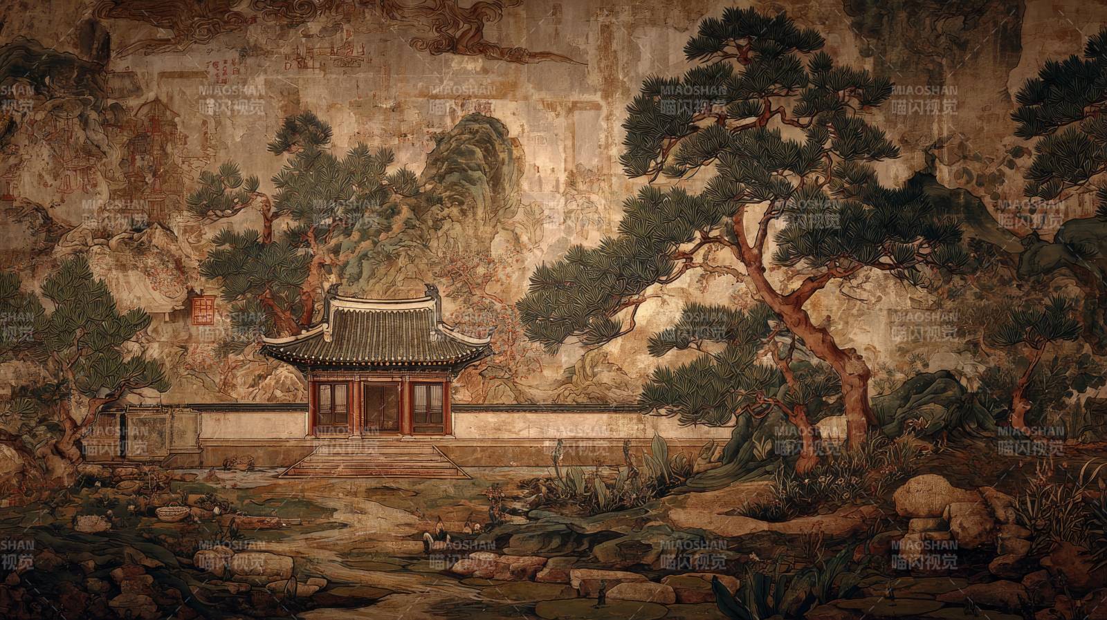 山间古亭松石图图片
