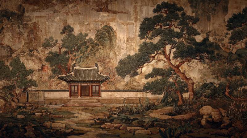 山间古亭松石图图片