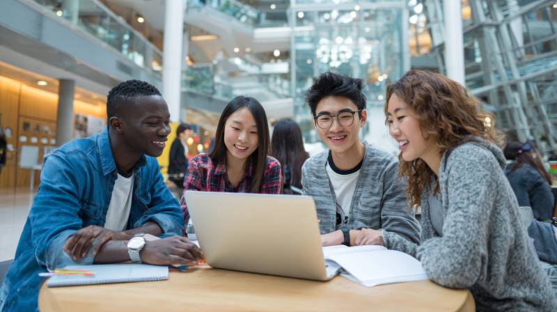 四学生围桌共学 笑谈协作图片