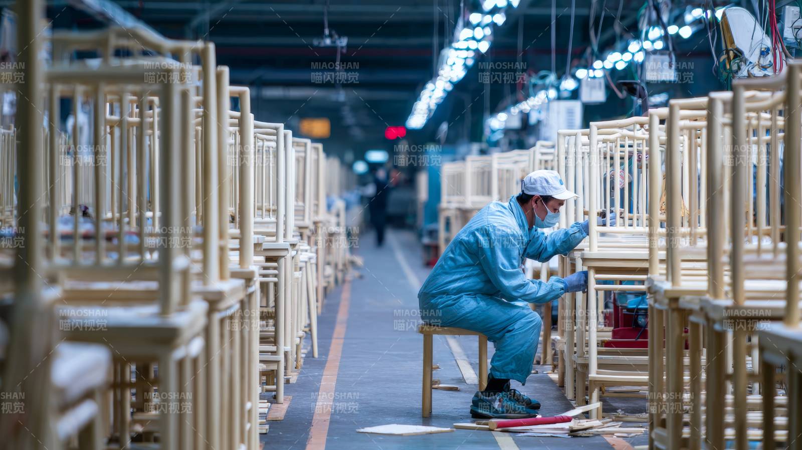 工厂工人专注组装木椅图片