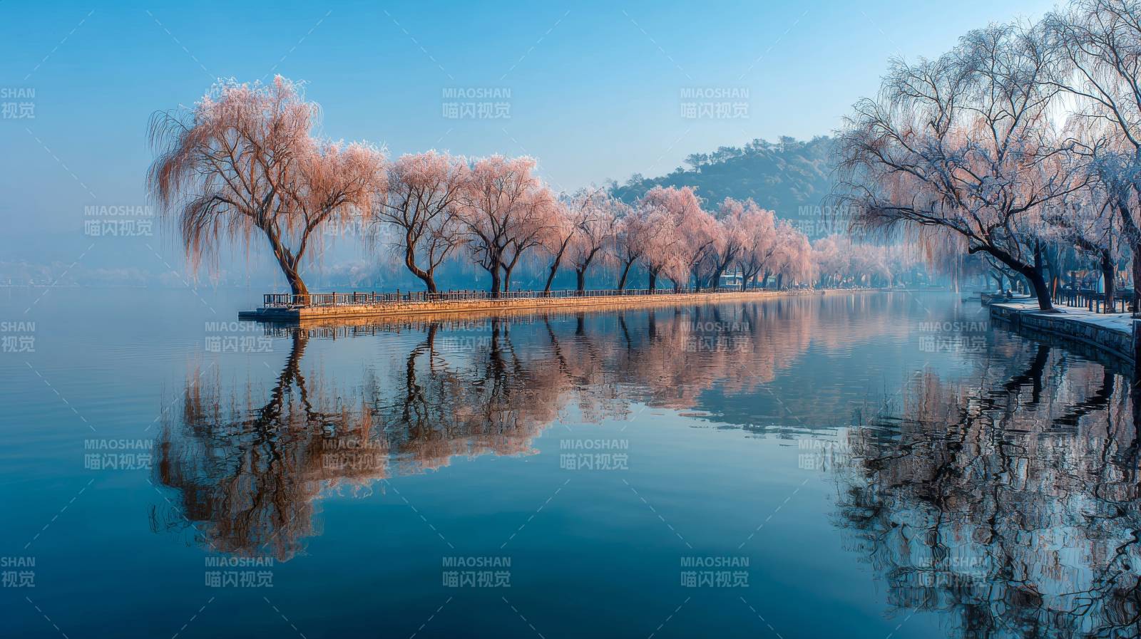 湖光树影映朝霞图片