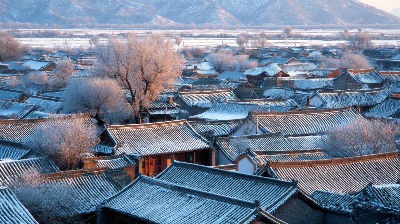 雪覆古村 远山静默如诗图片