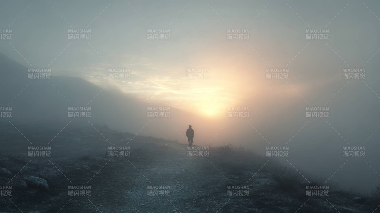 雾中孤影迎晨光图片