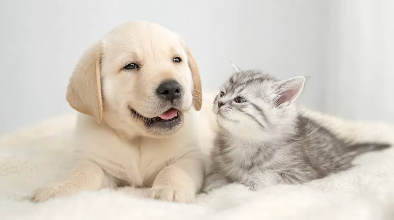 萌犬小猫依偎笑图片