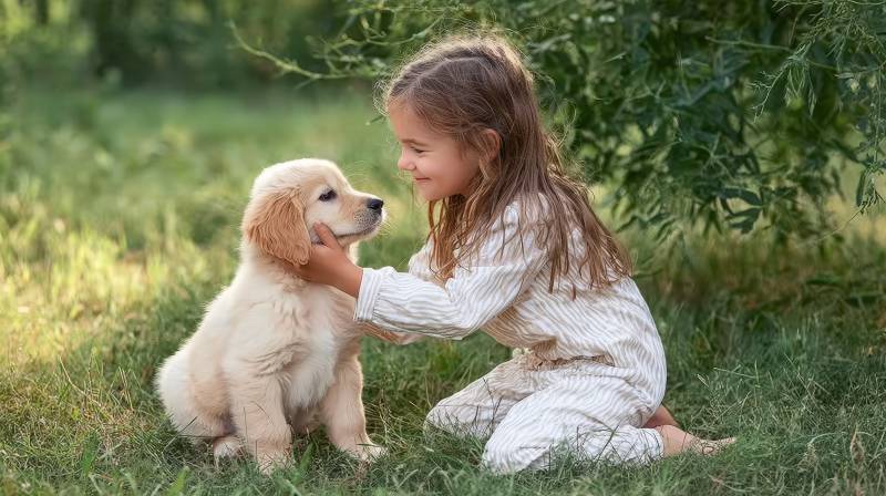 小女孩与金毛幼犬的温馨时光图片