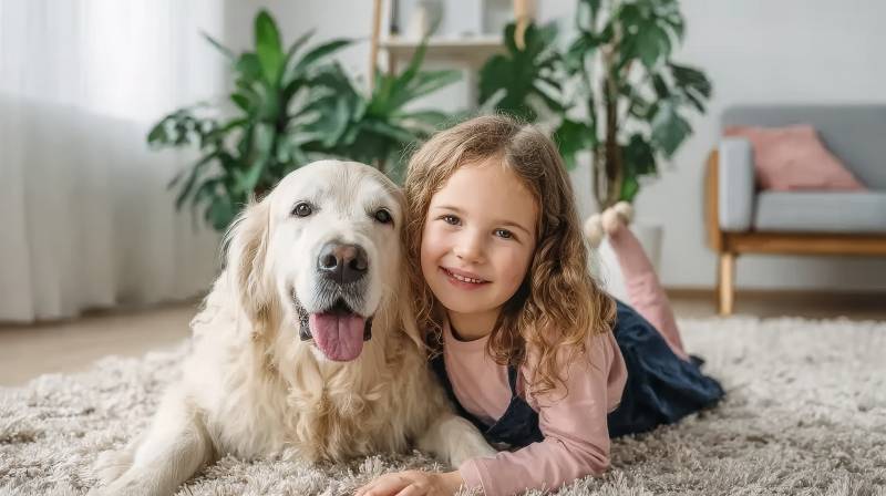 小女孩与金毛犬的温馨时光图片