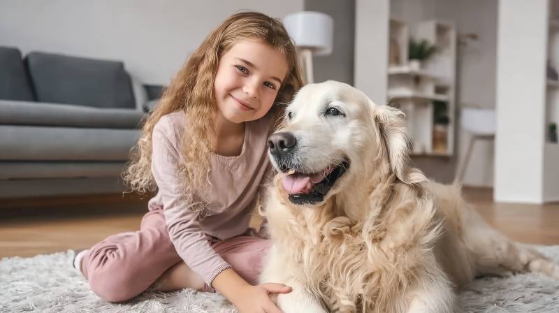女孩与金毛犬温馨相伴图片