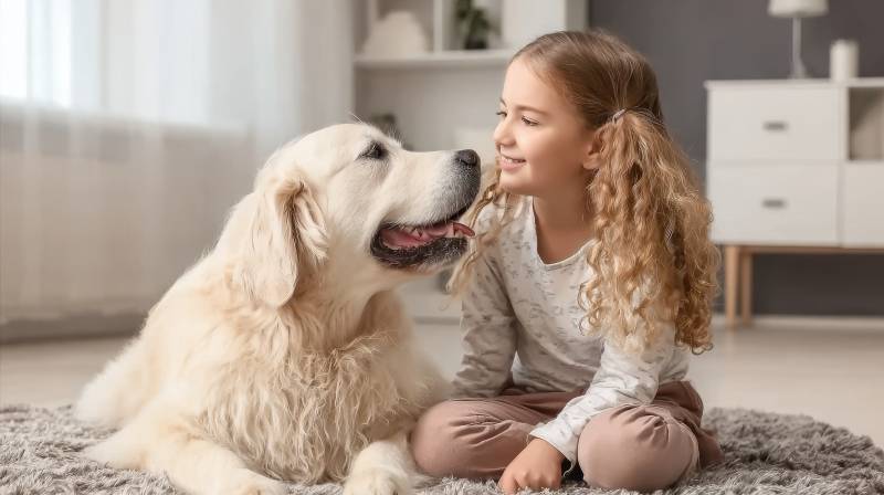 女孩与金毛犬温馨对视图片
