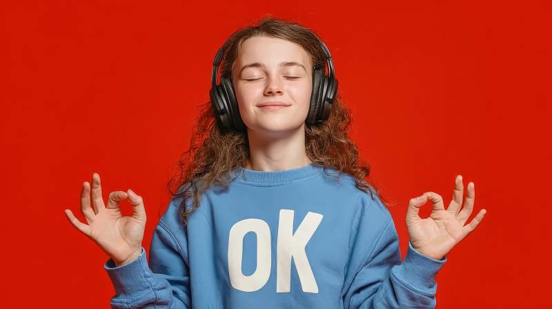 戴耳机冥想 穿 OK 卫衣少女图片