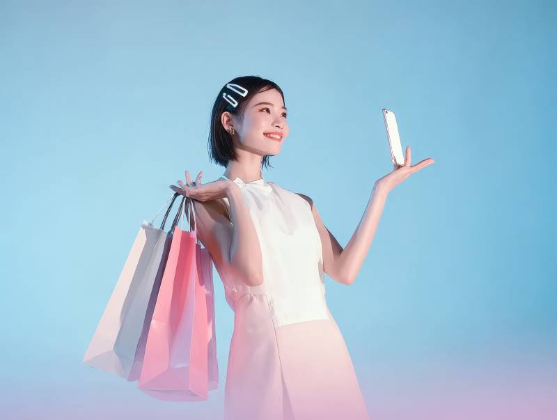购物少女手持手机微笑图片