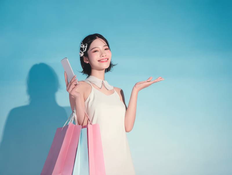 购物女孩微笑展示手机图片