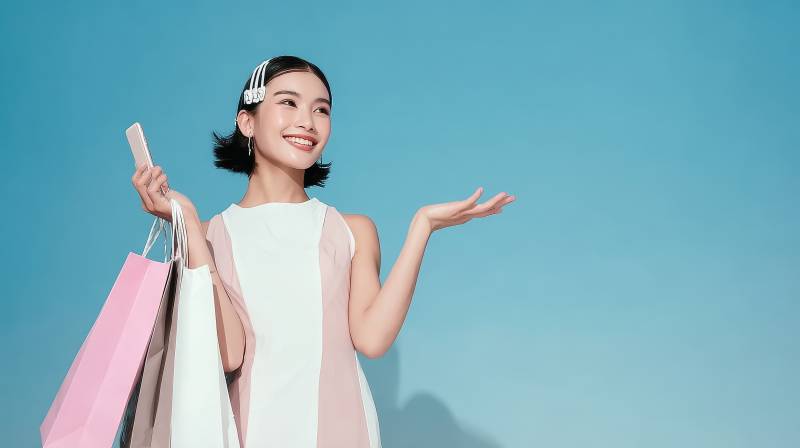 购物女孩笑迎蓝天图片