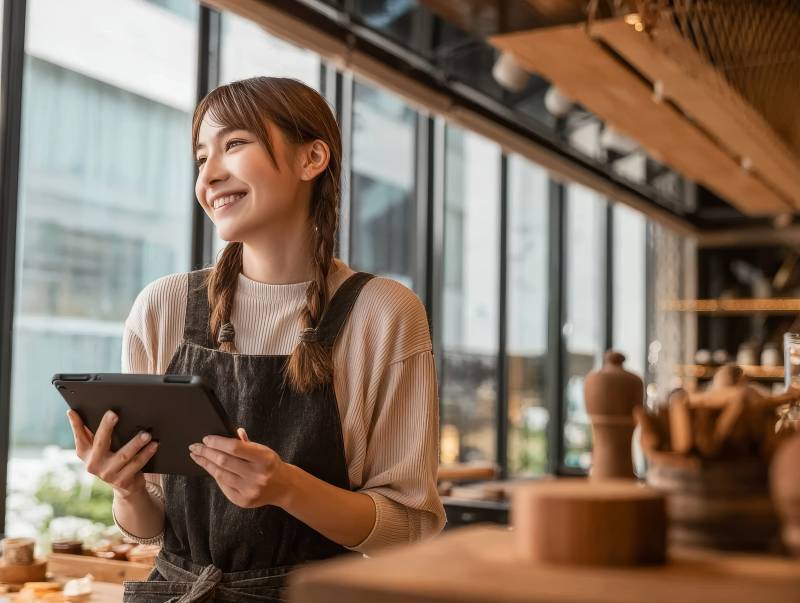 微笑女店员持平板工作图片