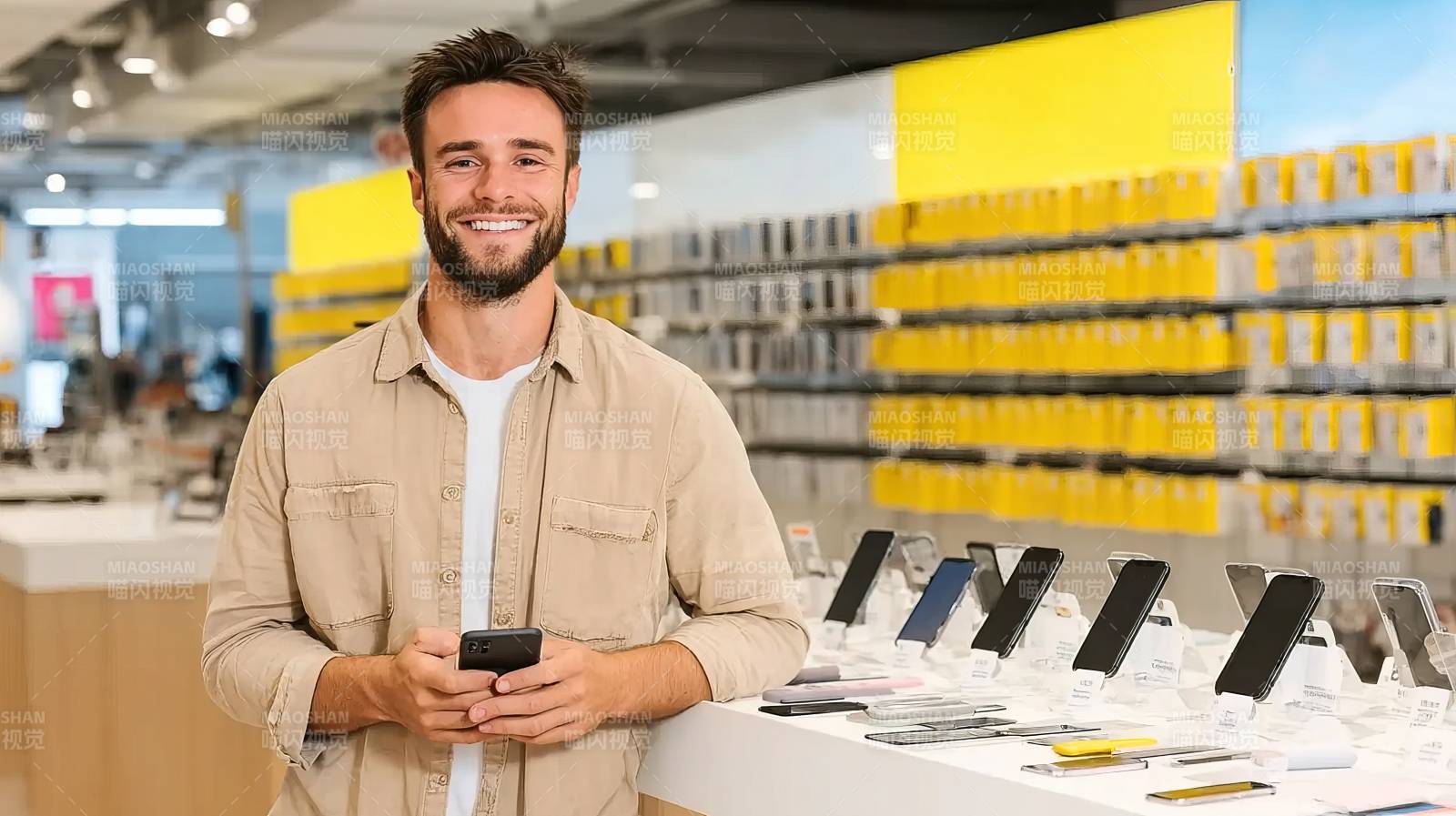 男子持手机笑立数码店图片