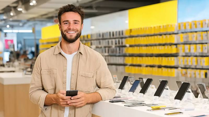 男子持手机笑立数码店图片