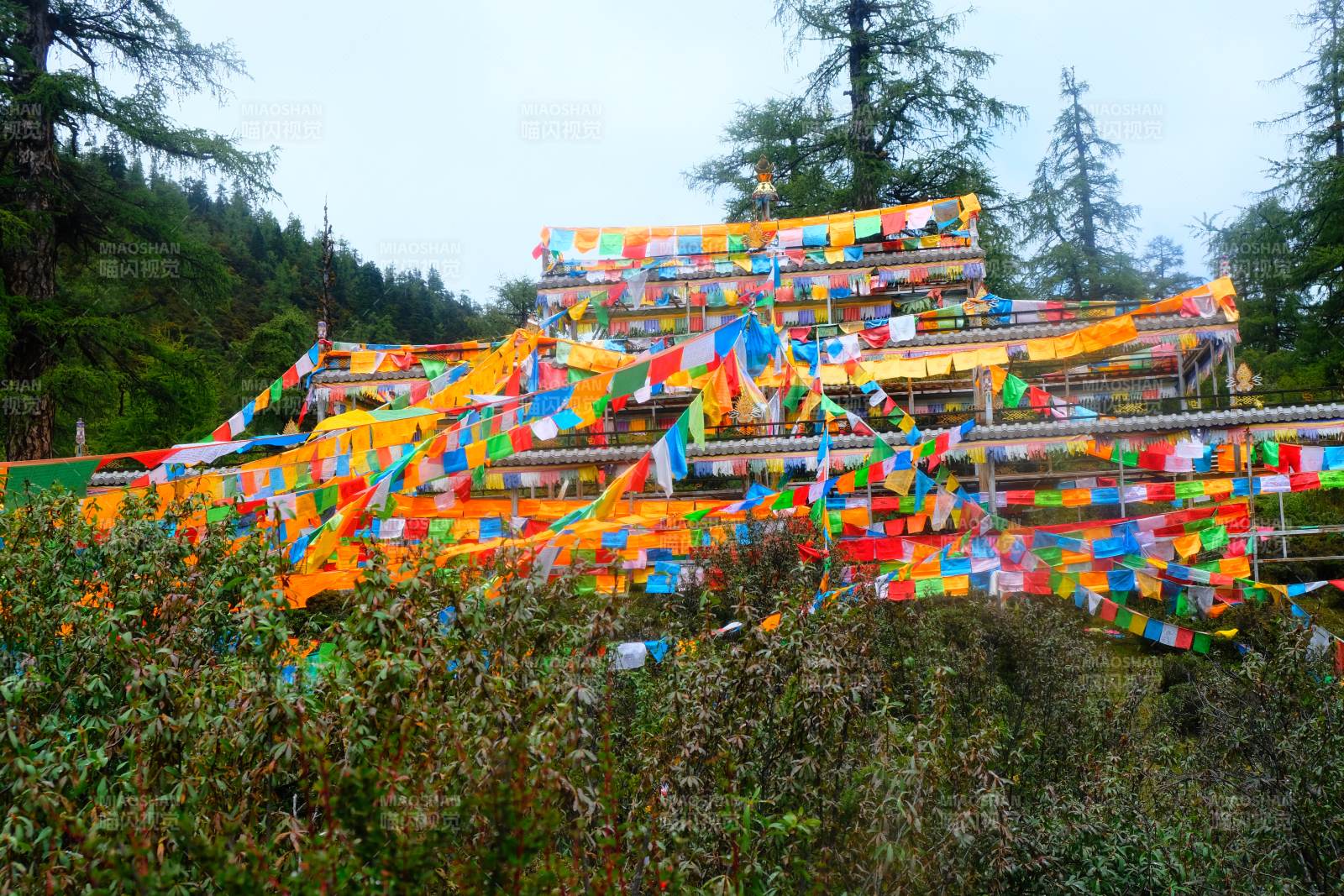 彩幡飘扬山林间图片