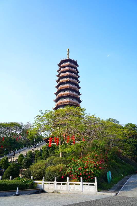 古塔映蓝天 绿树红花绕图片