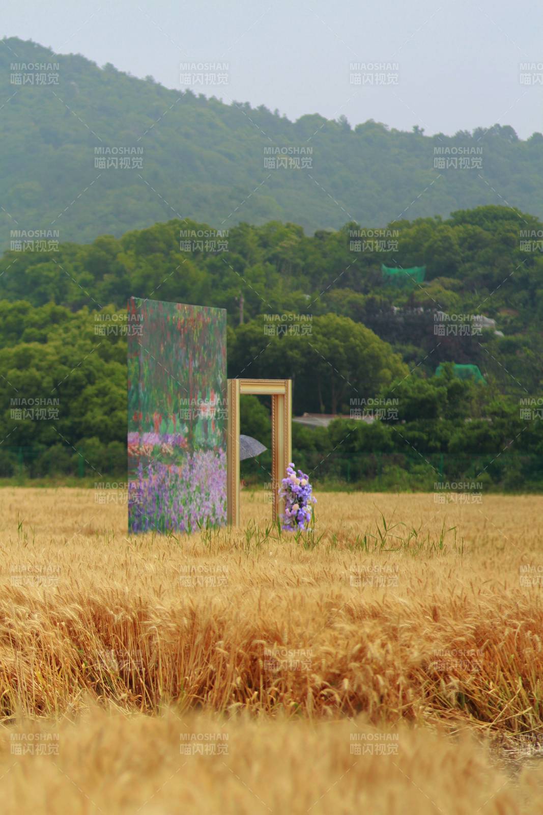 麦田里的艺术门框与花束图片