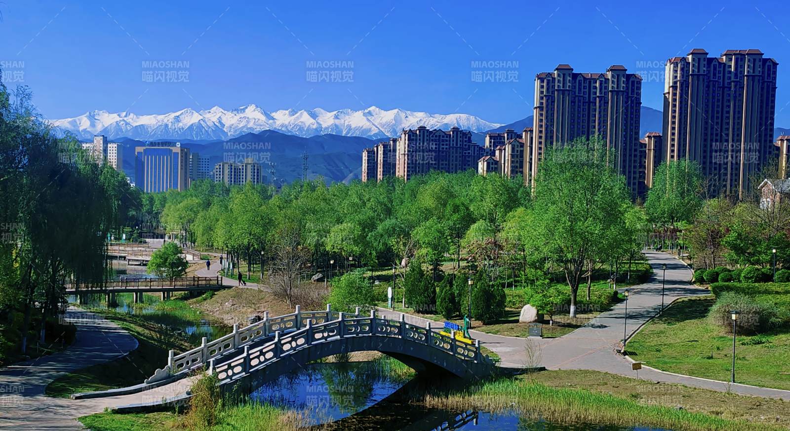 雪山映城 绿园桥影美图片