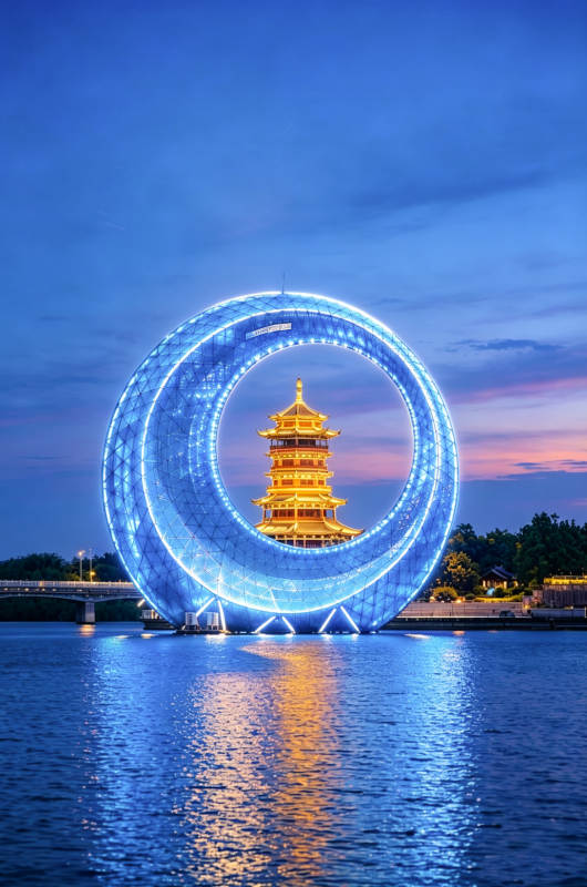 月光环与杏林阁蓝调夜景同框图片