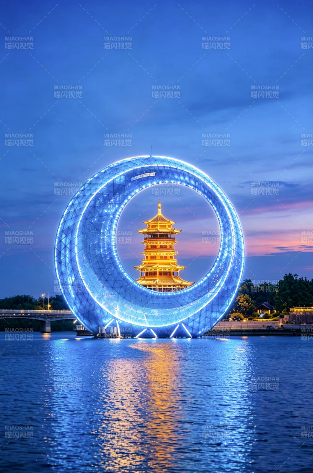 月光环与杏林阁蓝调夜景同框图片