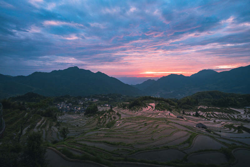 梯田日落 山色如霞图片
