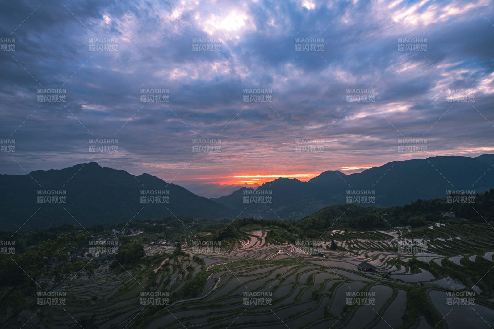 梯田暮色 山峦映霞光图片