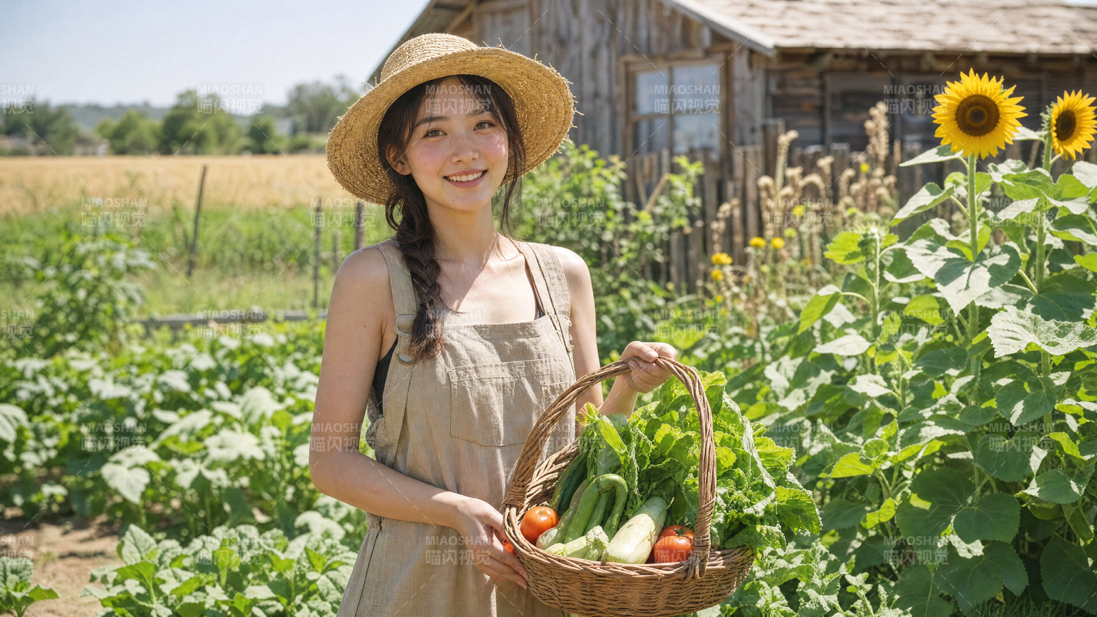 田园少女采蔬笑迎阳图片